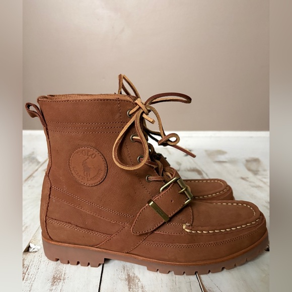 POLO Ralph Lauren Ranger boots brown tan leather lace up buckle men’s sz 8.5 EUC - Picture 11 of 11